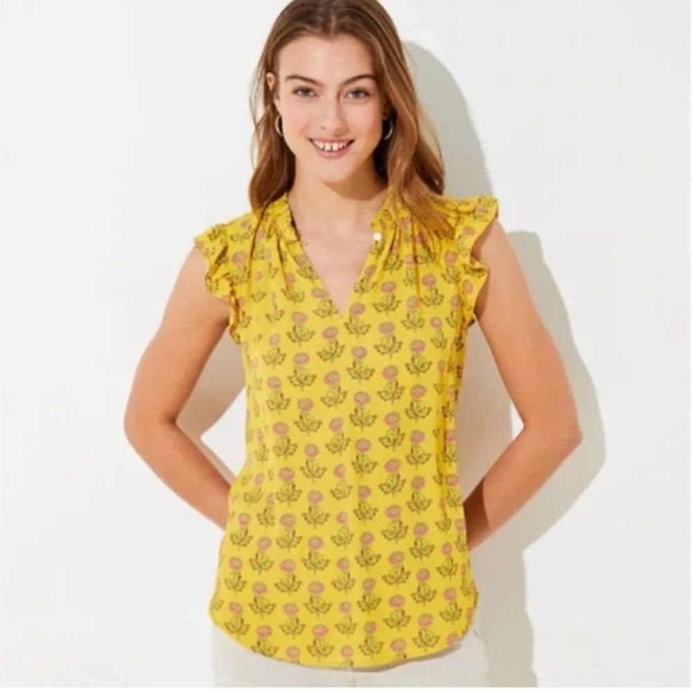 LOFT Peony Ruffle Split Neck Top